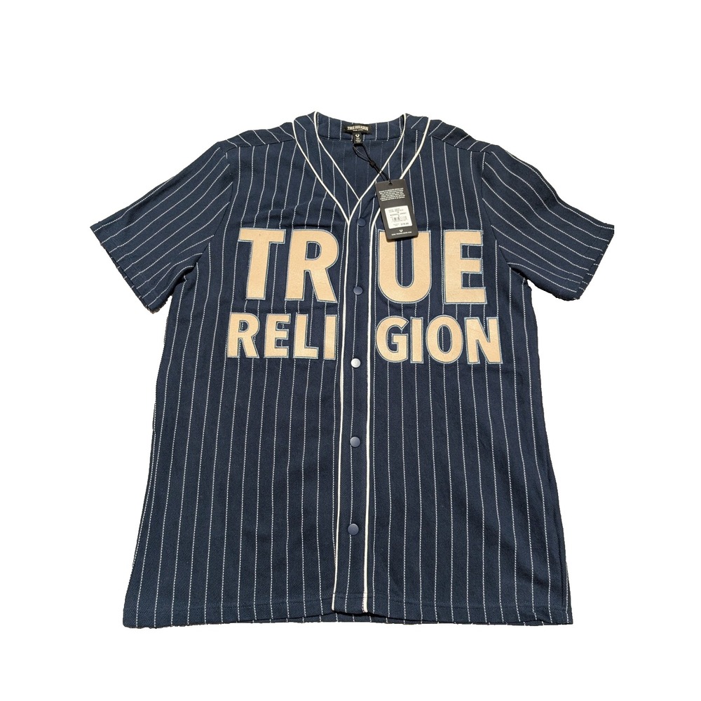 True Religion Mens Baseball Jersey Dress Blue White Pinstripe Size S NWT